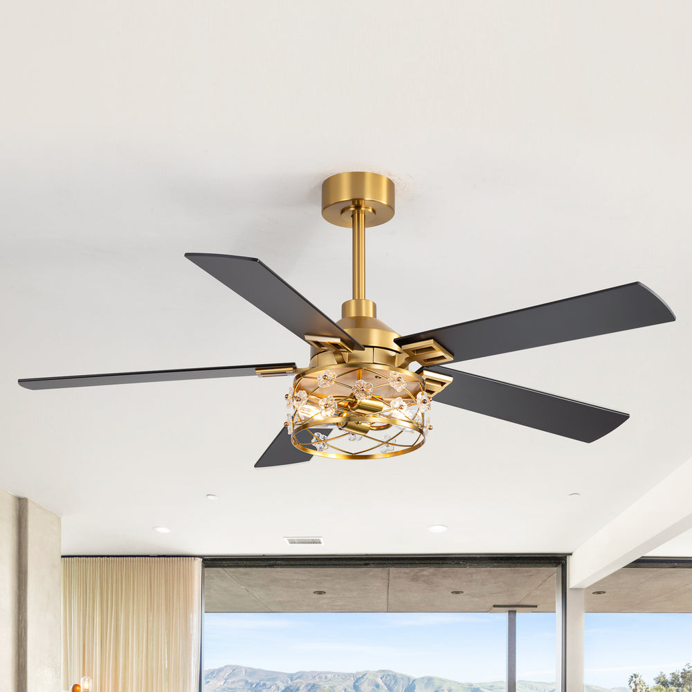 52-Inch Floral Glass Cage Ceiling Fan with Light and Remote – 5 Reversible Dual-Finish Blades, Quiet Energy-Saving DC Motor with 6 Speeds & Reversible Airflow, Includes 5" & 10" Downrods
