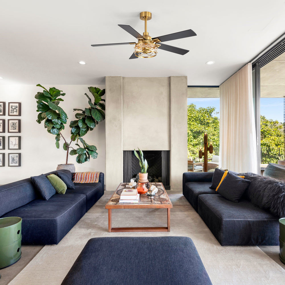 52-Inch Floral Glass Cage Ceiling Fan with Light and Remote – 5 Reversible Dual-Finish Blades, Quiet Energy-Saving DC Motor with 6 Speeds & Reversible Airflow, Includes 5" & 10" Downrods