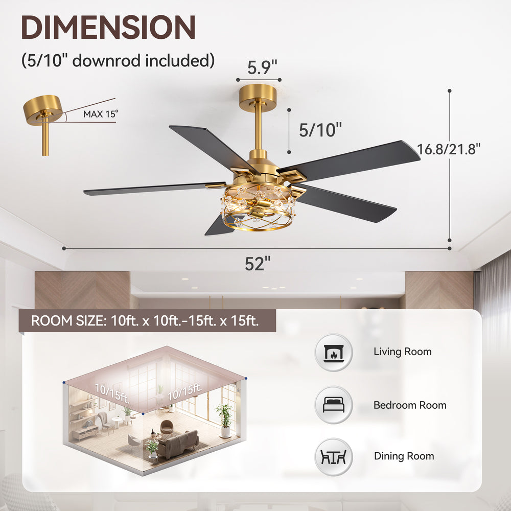 52-Inch Floral Glass Cage Ceiling Fan with Light and Remote – 5 Reversible Dual-Finish Blades, Quiet Energy-Saving DC Motor with 6 Speeds & Reversible Airflow, Includes 5" & 10" Downrods