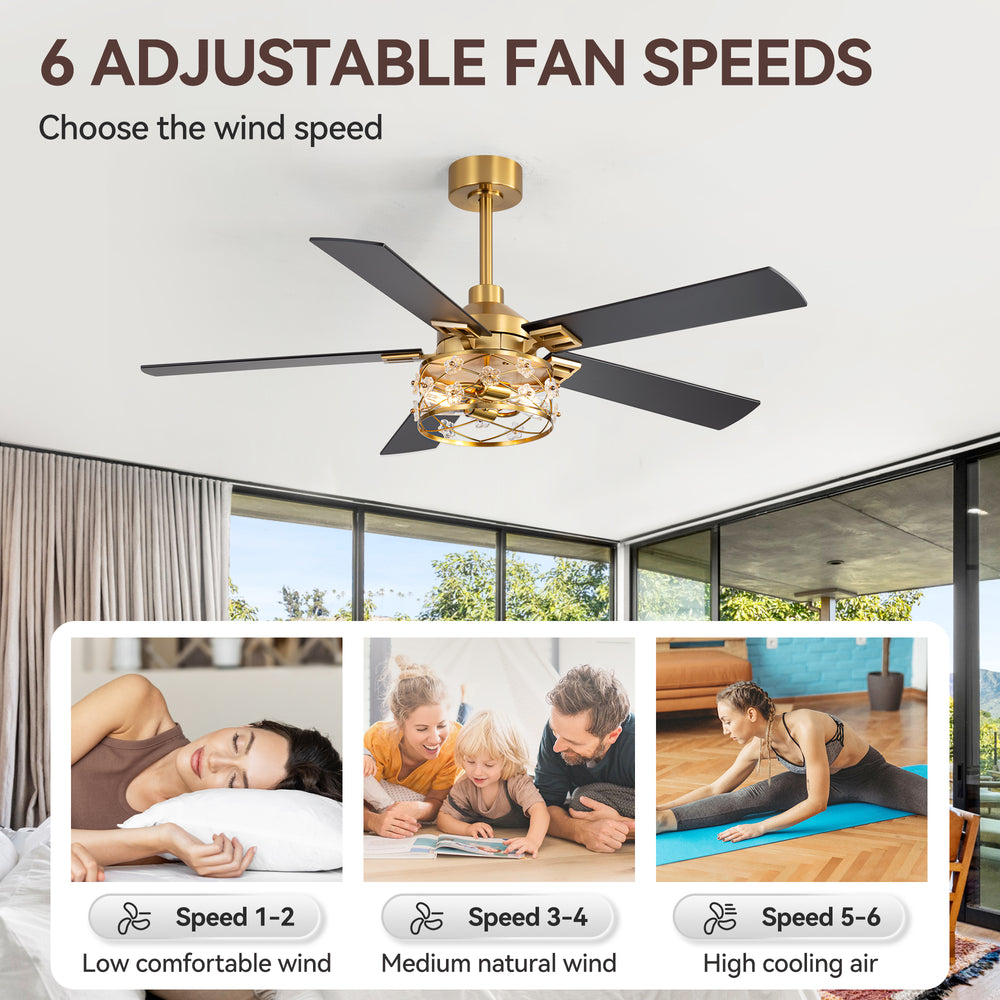52-Inch Floral Glass Cage Ceiling Fan with Light and Remote – 5 Reversible Dual-Finish Blades, Quiet Energy-Saving DC Motor with 6 Speeds & Reversible Airflow, Includes 5" & 10" Downrods
