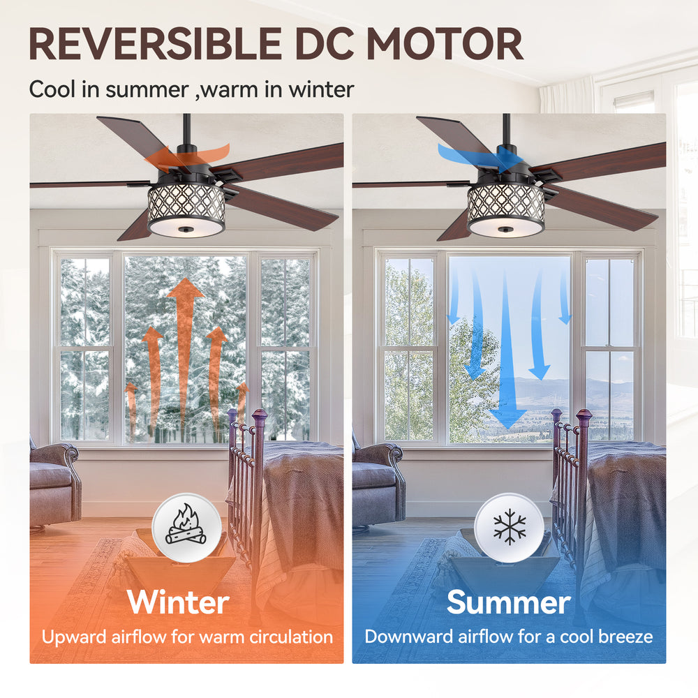 52-Inch Ceiling Fan with Light and Remote,5 Reversible Dual-Finish Blades, Geometric Drum Cage Shade, Quiet Energy-Saving DC Motor, 6 Speeds with Forward/Reverse Airflow, Includes 5" & 10" Downrods