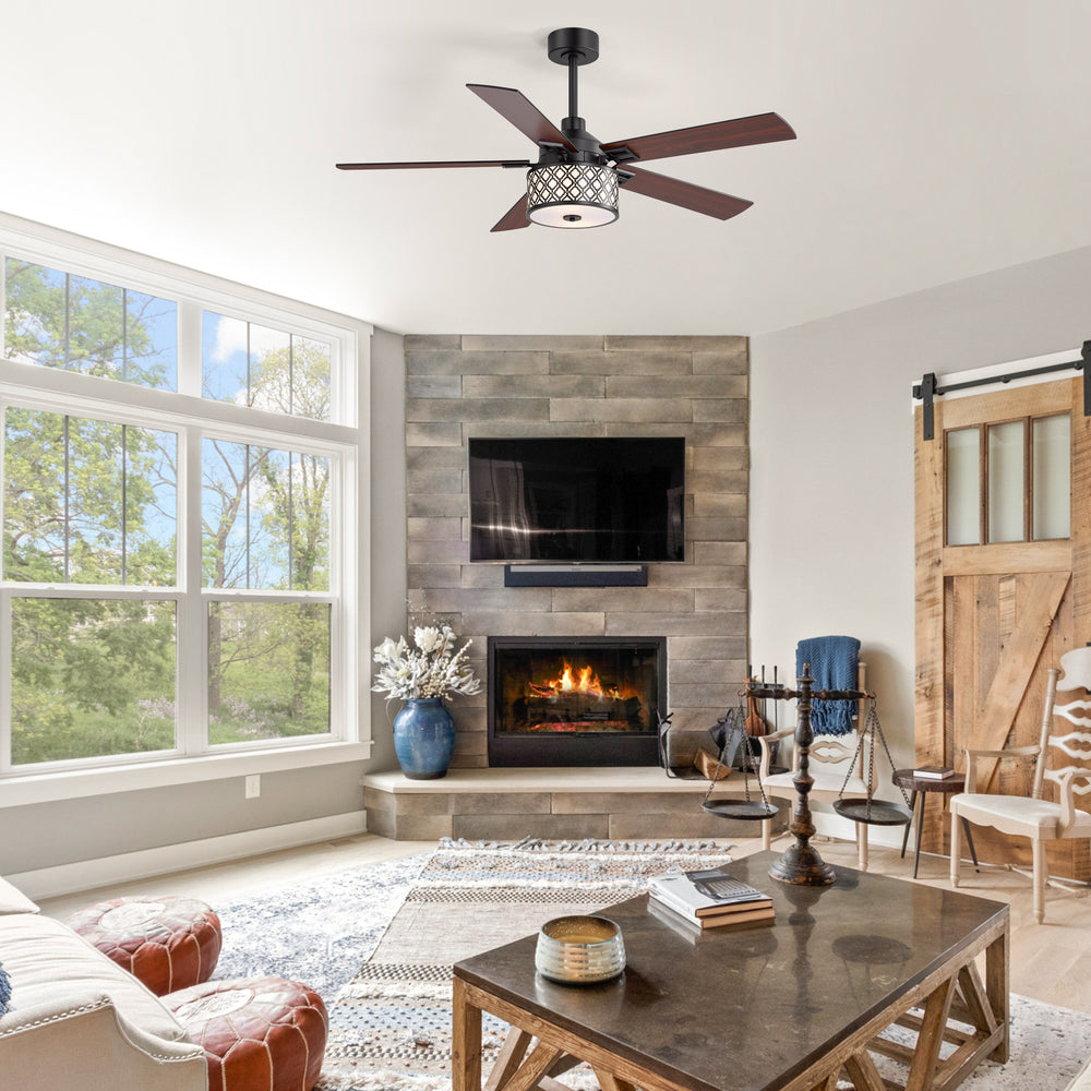 52-Inch Ceiling Fan with Light and Remote,5 Reversible Dual-Finish Blades, Geometric Drum Cage Shade, Quiet Energy-Saving DC Motor, 6 Speeds with Forward/Reverse Airflow, Includes 5" & 10" Downrods