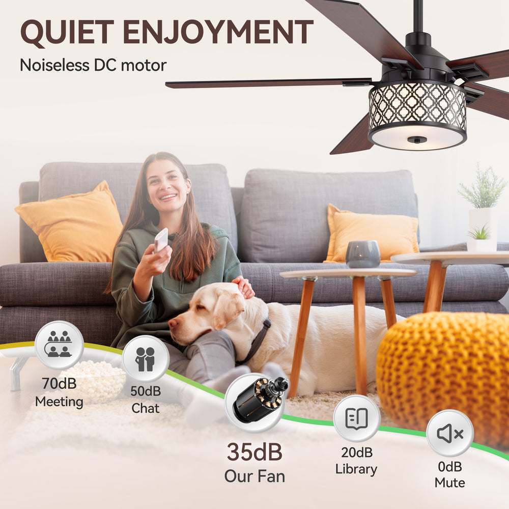 52-Inch Ceiling Fan with Light and Remote,5 Reversible Dual-Finish Blades, Geometric Drum Cage Shade, Quiet Energy-Saving DC Motor, 6 Speeds with Forward/Reverse Airflow, Includes 5" & 10" Downrods