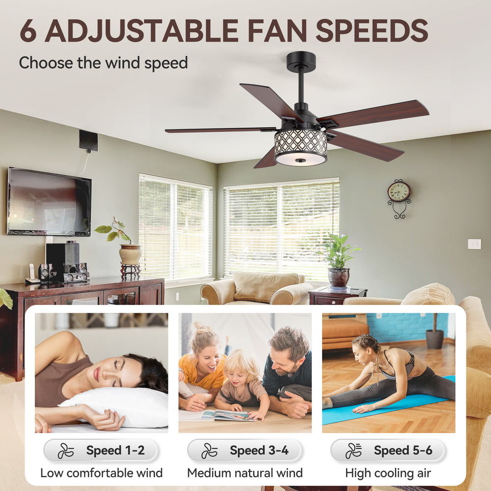 52-Inch Ceiling Fan with Light and Remote,5 Reversible Dual-Finish Blades, Geometric Drum Cage Shade, Quiet Energy-Saving DC Motor, 6 Speeds with Forward/Reverse Airflow, Includes 5" & 10" Downrods