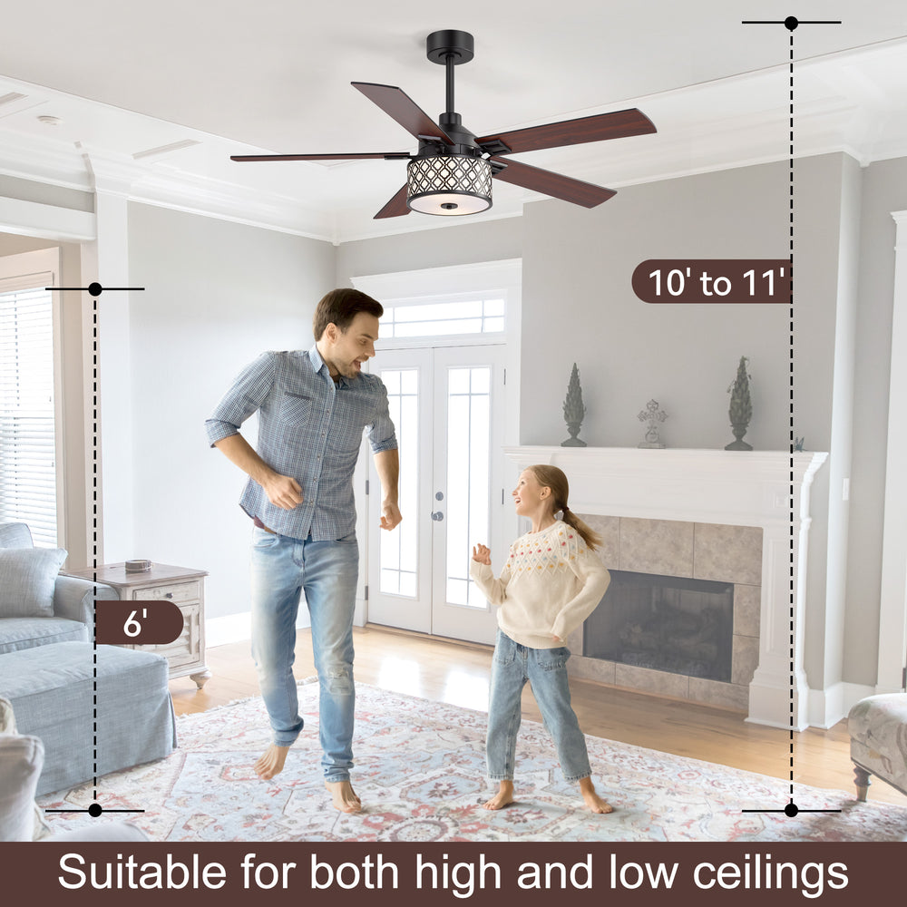 52-Inch Ceiling Fan with Light and Remote,5 Reversible Dual-Finish Blades, Geometric Drum Cage Shade, Quiet Energy-Saving DC Motor, 6 Speeds with Forward/Reverse Airflow, Includes 5" & 10" Downrods