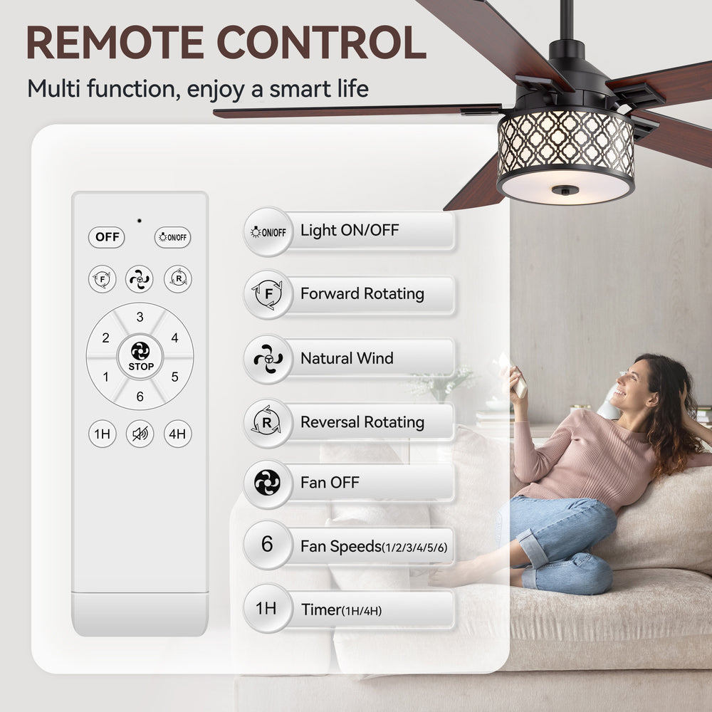 52-Inch Ceiling Fan with Light and Remote,5 Reversible Dual-Finish Blades, Geometric Drum Cage Shade, Quiet Energy-Saving DC Motor, 6 Speeds with Forward/Reverse Airflow, Includes 5" & 10" Downrods