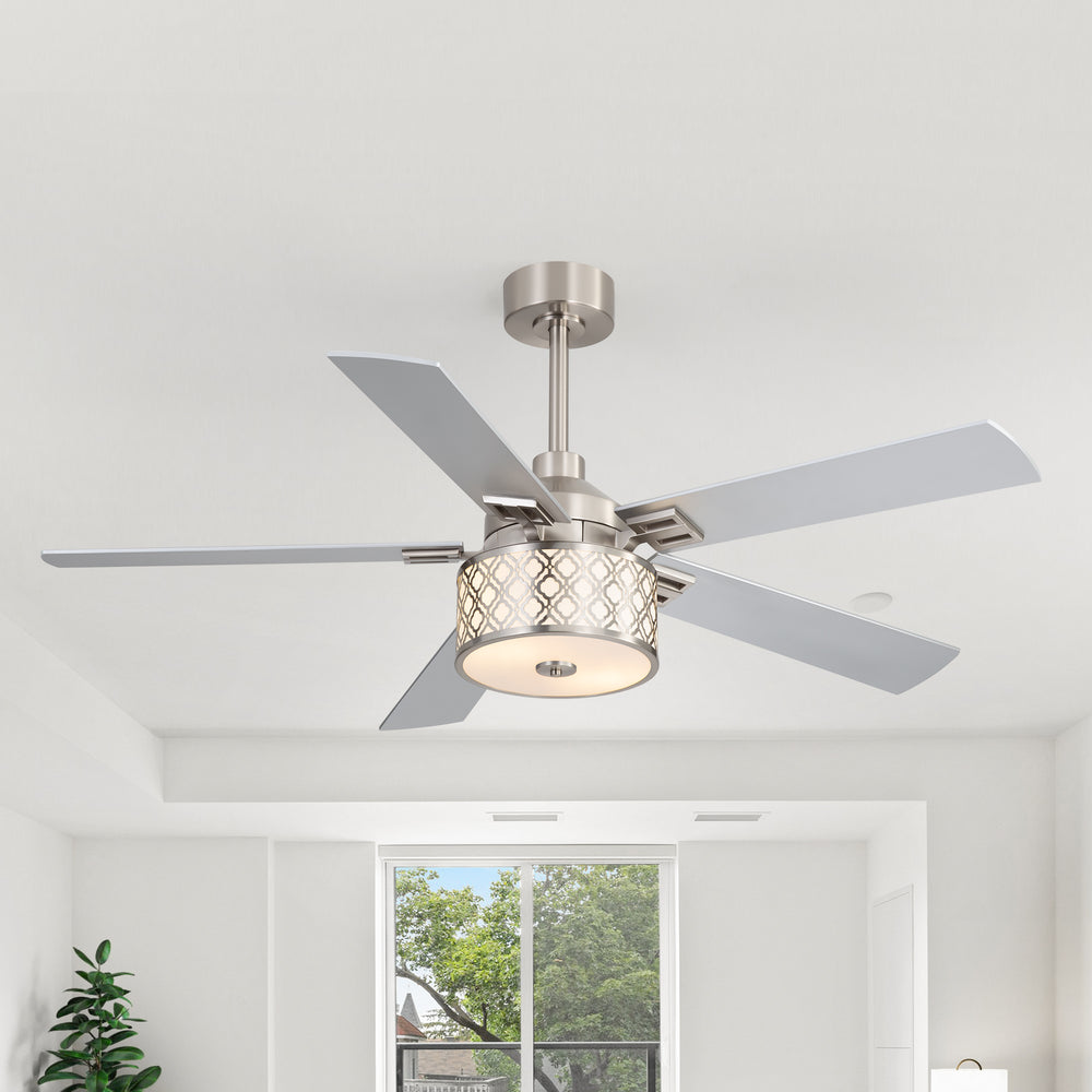 52-Inch Ceiling Fan with Light and Remote,5 Reversible Dual-Finish Blades, Geometric Drum Cage Shade, Quiet Energy-Saving DC Motor, 6 Speeds with Forward/Reverse Airflow, Includes 5" & 10" Downrods