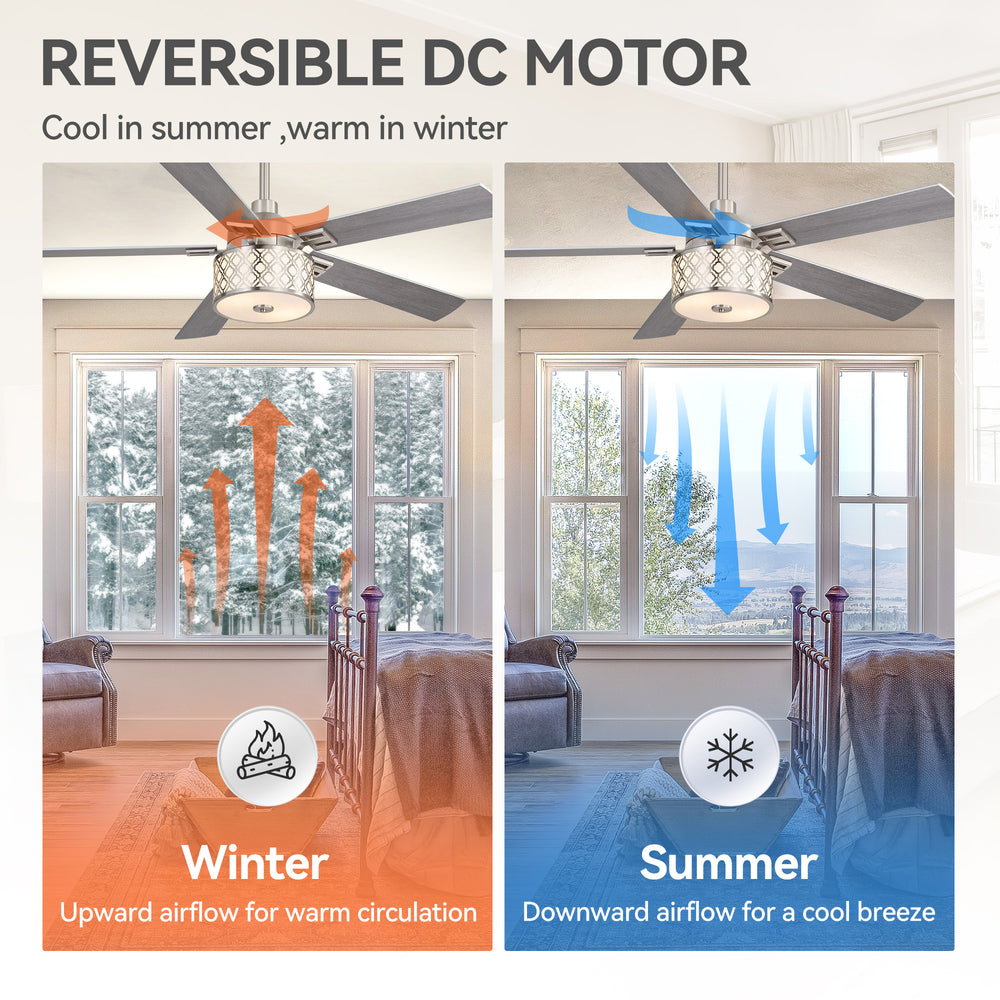 52-Inch Ceiling Fan with Light and Remote,5 Reversible Dual-Finish Blades, Geometric Drum Cage Shade, Quiet Energy-Saving DC Motor, 6 Speeds with Forward/Reverse Airflow, Includes 5" & 10" Downrods