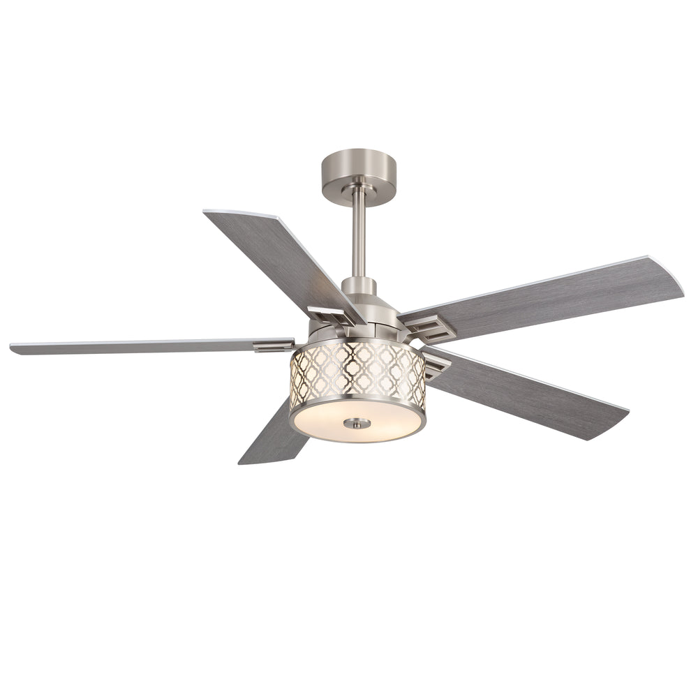 52-Inch Ceiling Fan with Light and Remote,5 Reversible Dual-Finish Blades, Geometric Drum Cage Shade, Quiet Energy-Saving DC Motor, 6 Speeds with Forward/Reverse Airflow, Includes 5" & 10" Downrods