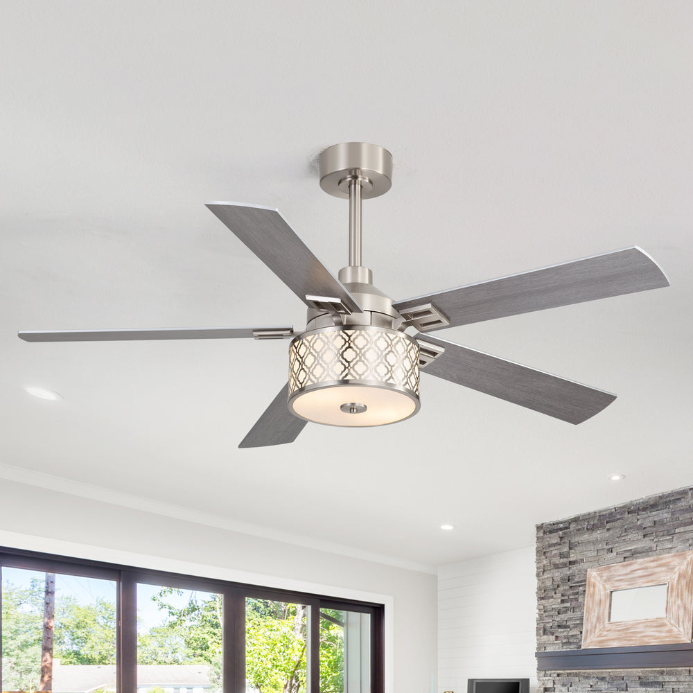 52-Inch Ceiling Fan with Light and Remote,5 Reversible Dual-Finish Blades, Geometric Drum Cage Shade, Quiet Energy-Saving DC Motor, 6 Speeds with Forward/Reverse Airflow, Includes 5" & 10" Downrods