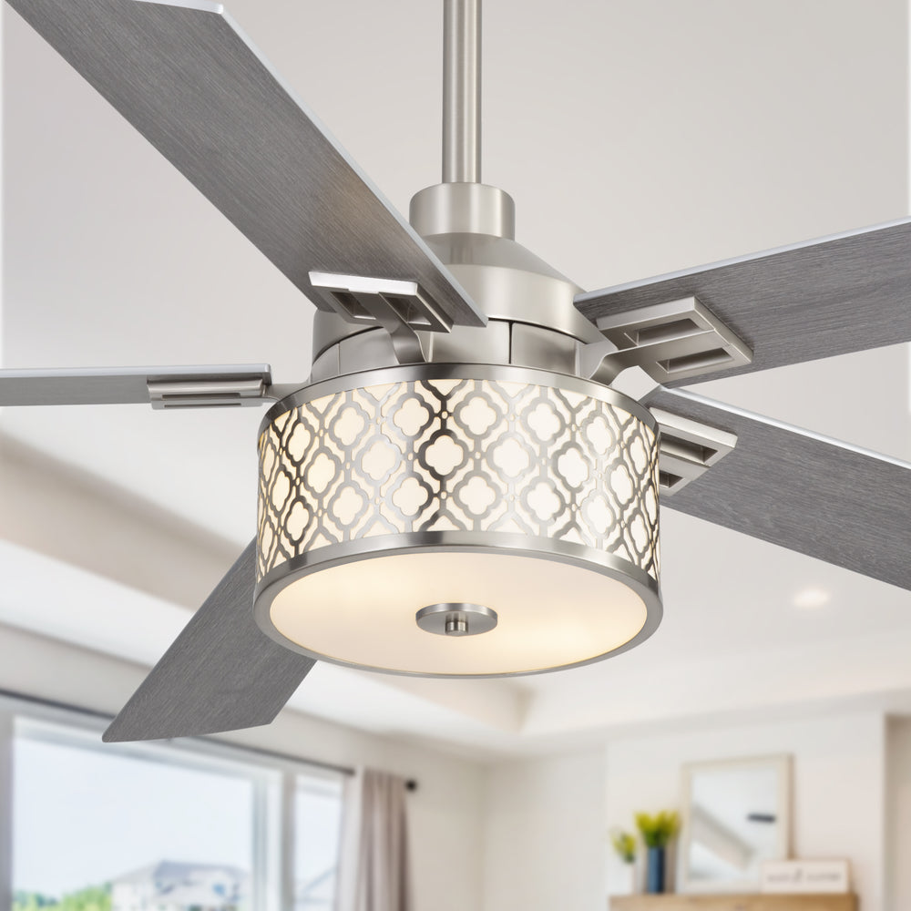 52-Inch Ceiling Fan with Light and Remote,5 Reversible Dual-Finish Blades, Geometric Drum Cage Shade, Quiet Energy-Saving DC Motor, 6 Speeds with Forward/Reverse Airflow, Includes 5" & 10" Downrods