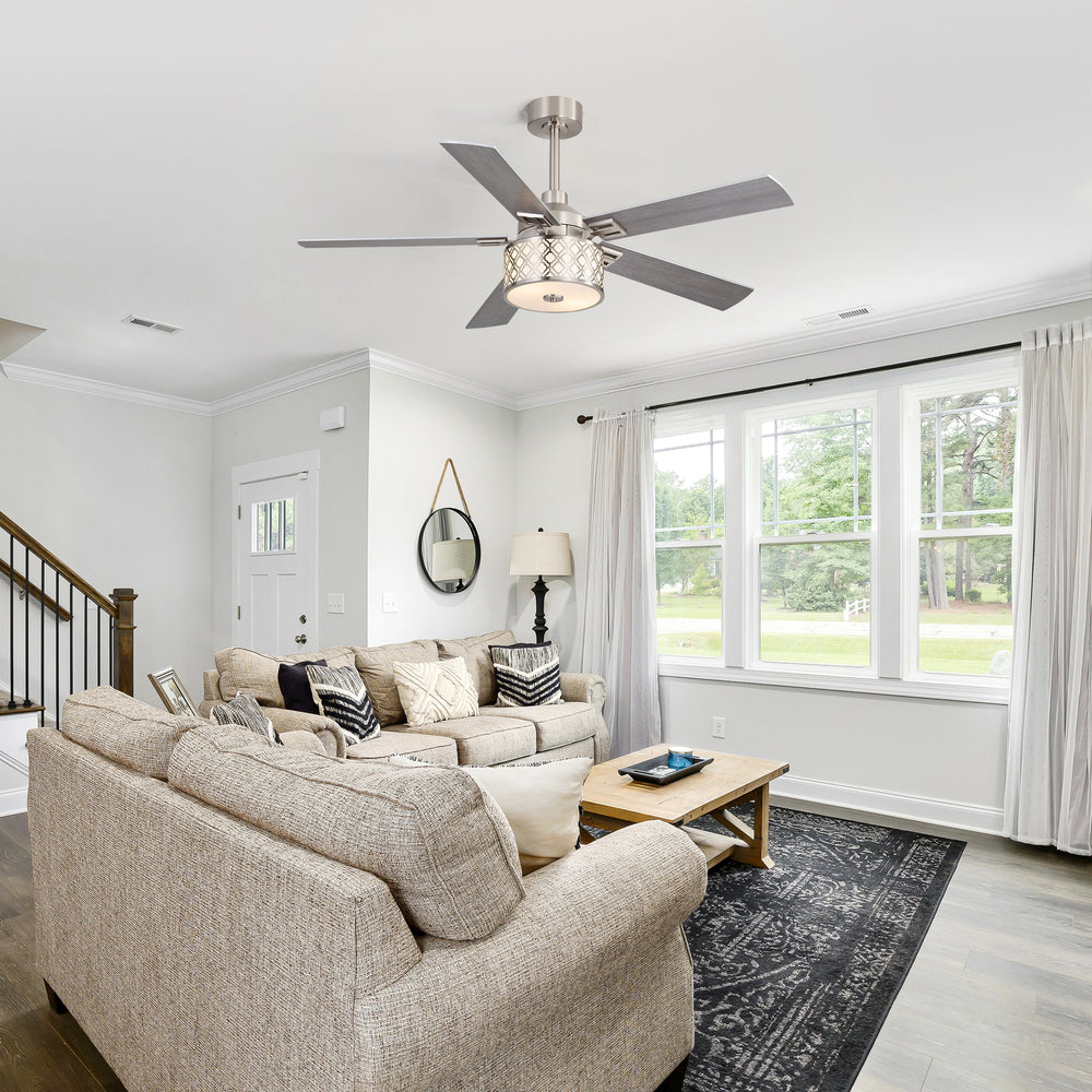52-Inch Ceiling Fan with Light and Remote,5 Reversible Dual-Finish Blades, Geometric Drum Cage Shade, Quiet Energy-Saving DC Motor, 6 Speeds with Forward/Reverse Airflow, Includes 5" & 10" Downrods