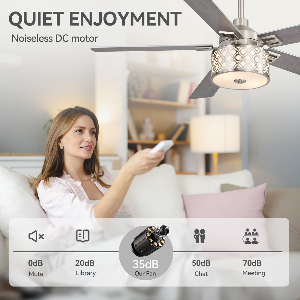 52-Inch Ceiling Fan with Light and Remote,5 Reversible Dual-Finish Blades, Geometric Drum Cage Shade, Quiet Energy-Saving DC Motor, 6 Speeds with Forward/Reverse Airflow, Includes 5" & 10" Downrods