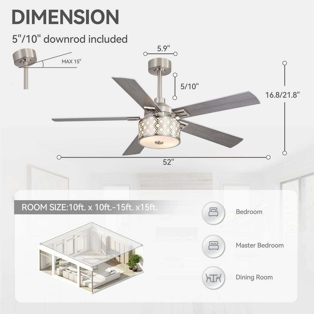 52-Inch Ceiling Fan with Light and Remote,5 Reversible Dual-Finish Blades, Geometric Drum Cage Shade, Quiet Energy-Saving DC Motor, 6 Speeds with Forward/Reverse Airflow, Includes 5" & 10" Downrods