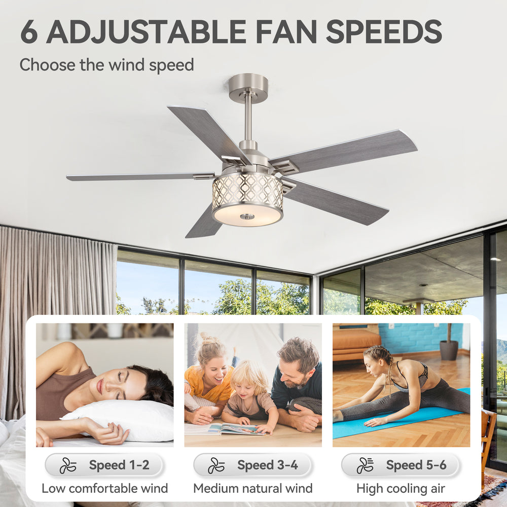 52-Inch Ceiling Fan with Light and Remote,5 Reversible Dual-Finish Blades, Geometric Drum Cage Shade, Quiet Energy-Saving DC Motor, 6 Speeds with Forward/Reverse Airflow, Includes 5" & 10" Downrods