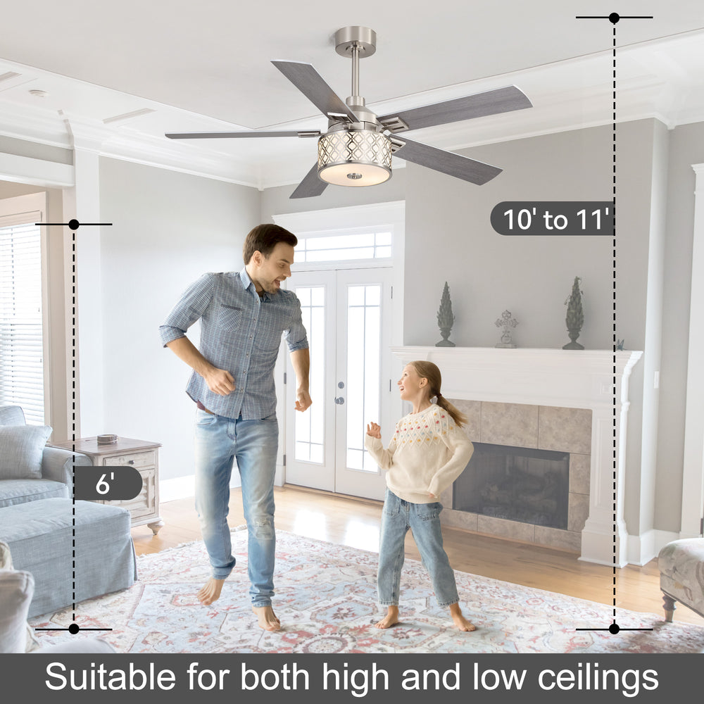 52-Inch Ceiling Fan with Light and Remote,5 Reversible Dual-Finish Blades, Geometric Drum Cage Shade, Quiet Energy-Saving DC Motor, 6 Speeds with Forward/Reverse Airflow, Includes 5" & 10" Downrods
