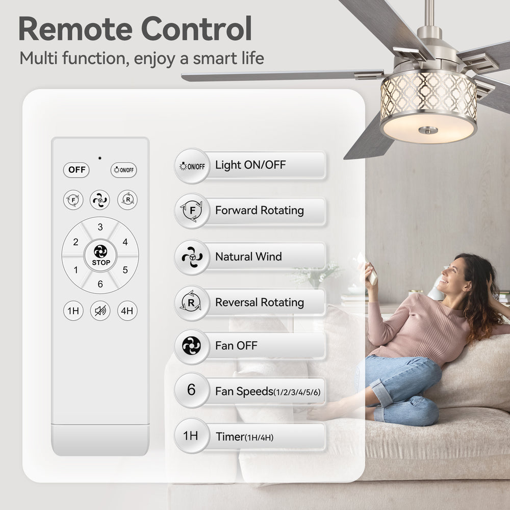 52-Inch Ceiling Fan with Light and Remote,5 Reversible Dual-Finish Blades, Geometric Drum Cage Shade, Quiet Energy-Saving DC Motor, 6 Speeds with Forward/Reverse Airflow, Includes 5" & 10" Downrods