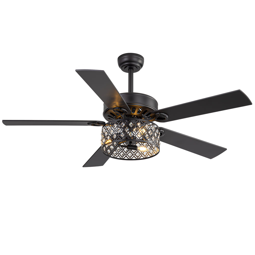 52-Inch Crystal Cage Ceiling Fan with Light and Remote,5 Reversible Dual-Finish Blades,Crystal Drum Shade, Quiet Energy-Saving DC Motor with 6 Speeds & Reversible Airflow, Includes 5" & 10" Downrods