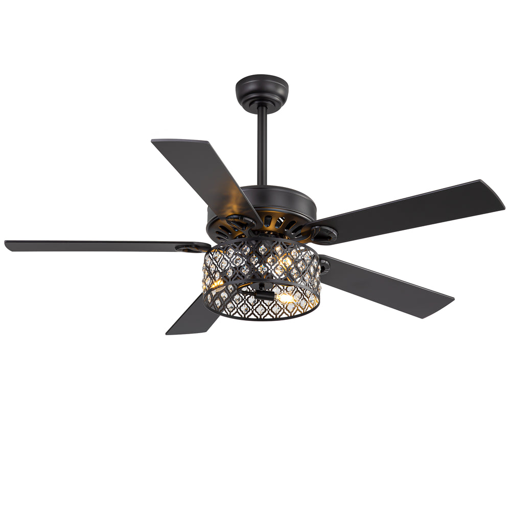 52-Inch Crystal Cage Ceiling Fan with Light and Remote,5 Reversible Dual-Finish Blades,Crystal Drum Shade, Quiet Energy-Saving DC Motor with 6 Speeds & Reversible Airflow, Includes 5" & 10" Downrods