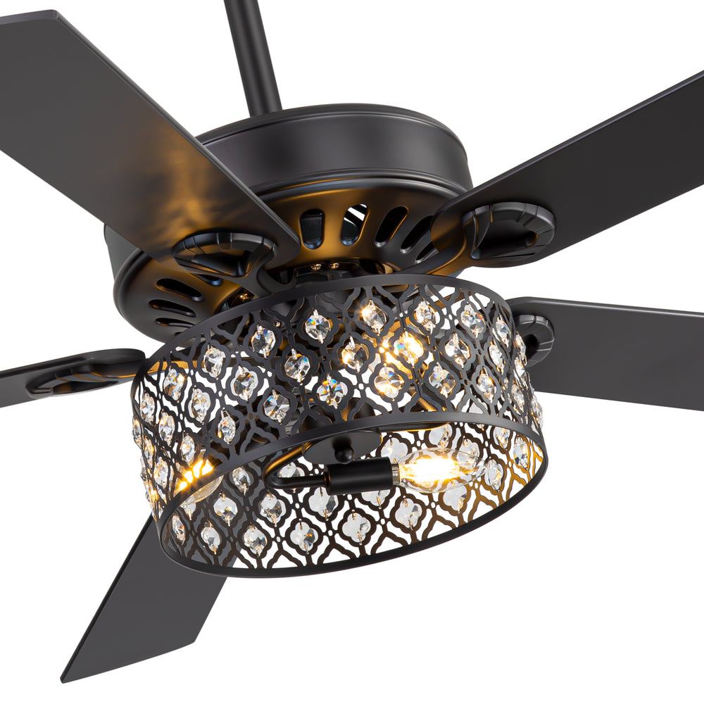 52-Inch Crystal Cage Ceiling Fan with Light and Remote,5 Reversible Dual-Finish Blades,Crystal Drum Shade, Quiet Energy-Saving DC Motor with 6 Speeds & Reversible Airflow, Includes 5" & 10" Downrods