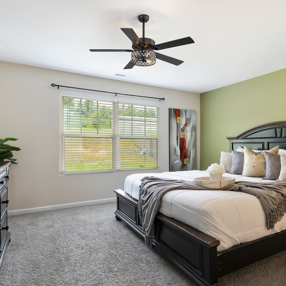 52-Inch Crystal Cage Ceiling Fan with Light and Remote,5 Reversible Dual-Finish Blades,Crystal Drum Shade, Quiet Energy-Saving DC Motor with 6 Speeds & Reversible Airflow, Includes 5" & 10" Downrods