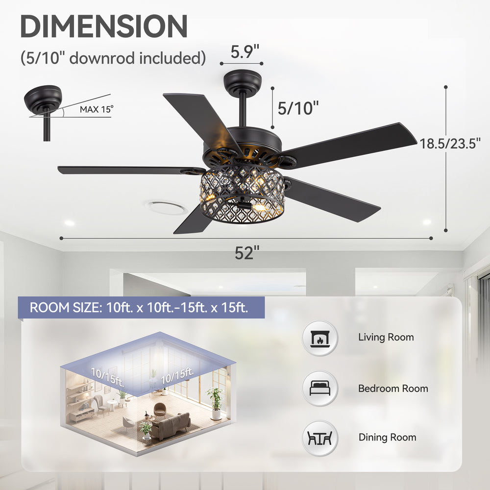 52-Inch Crystal Cage Ceiling Fan with Light and Remote,5 Reversible Dual-Finish Blades,Crystal Drum Shade, Quiet Energy-Saving DC Motor with 6 Speeds & Reversible Airflow, Includes 5" & 10" Downrods