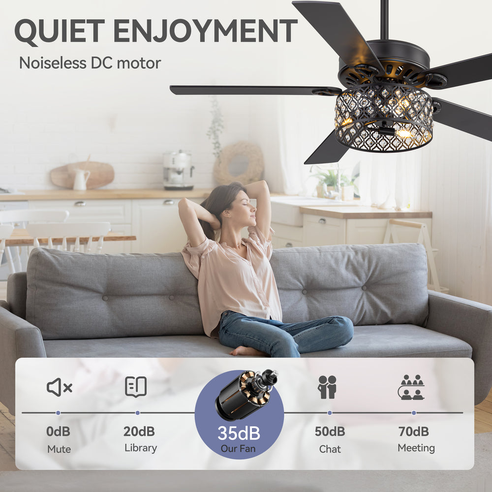 52-Inch Crystal Cage Ceiling Fan with Light and Remote,5 Reversible Dual-Finish Blades,Crystal Drum Shade, Quiet Energy-Saving DC Motor with 6 Speeds & Reversible Airflow, Includes 5" & 10" Downrods