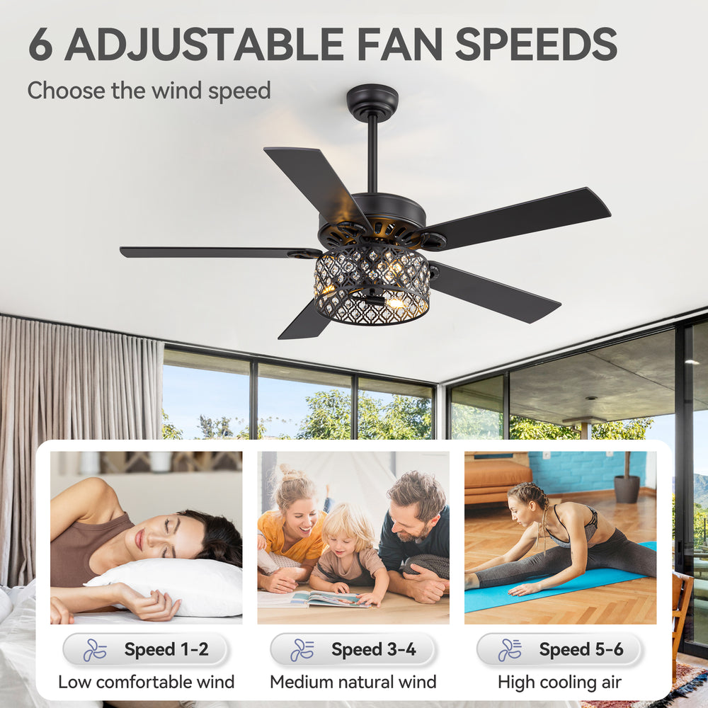 52-Inch Crystal Cage Ceiling Fan with Light and Remote,5 Reversible Dual-Finish Blades,Crystal Drum Shade, Quiet Energy-Saving DC Motor with 6 Speeds & Reversible Airflow, Includes 5" & 10" Downrods
