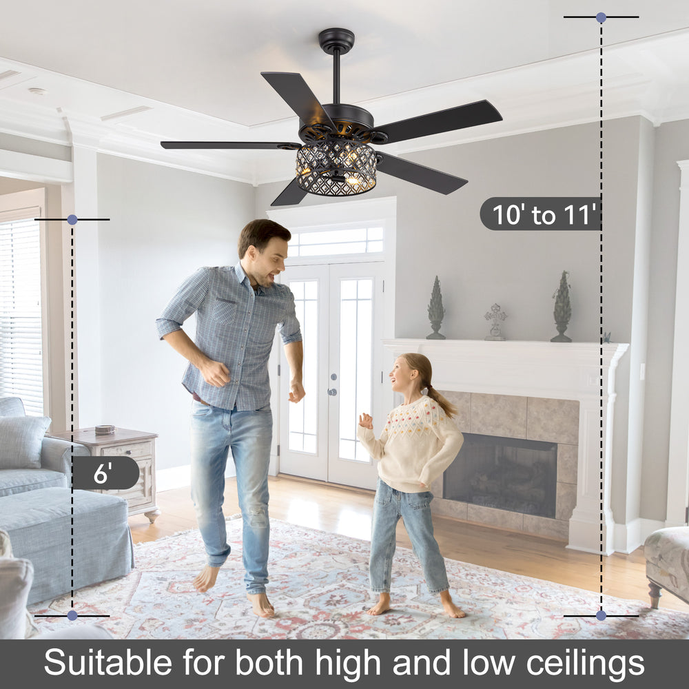 52-Inch Crystal Cage Ceiling Fan with Light and Remote,5 Reversible Dual-Finish Blades,Crystal Drum Shade, Quiet Energy-Saving DC Motor with 6 Speeds & Reversible Airflow, Includes 5" & 10" Downrods