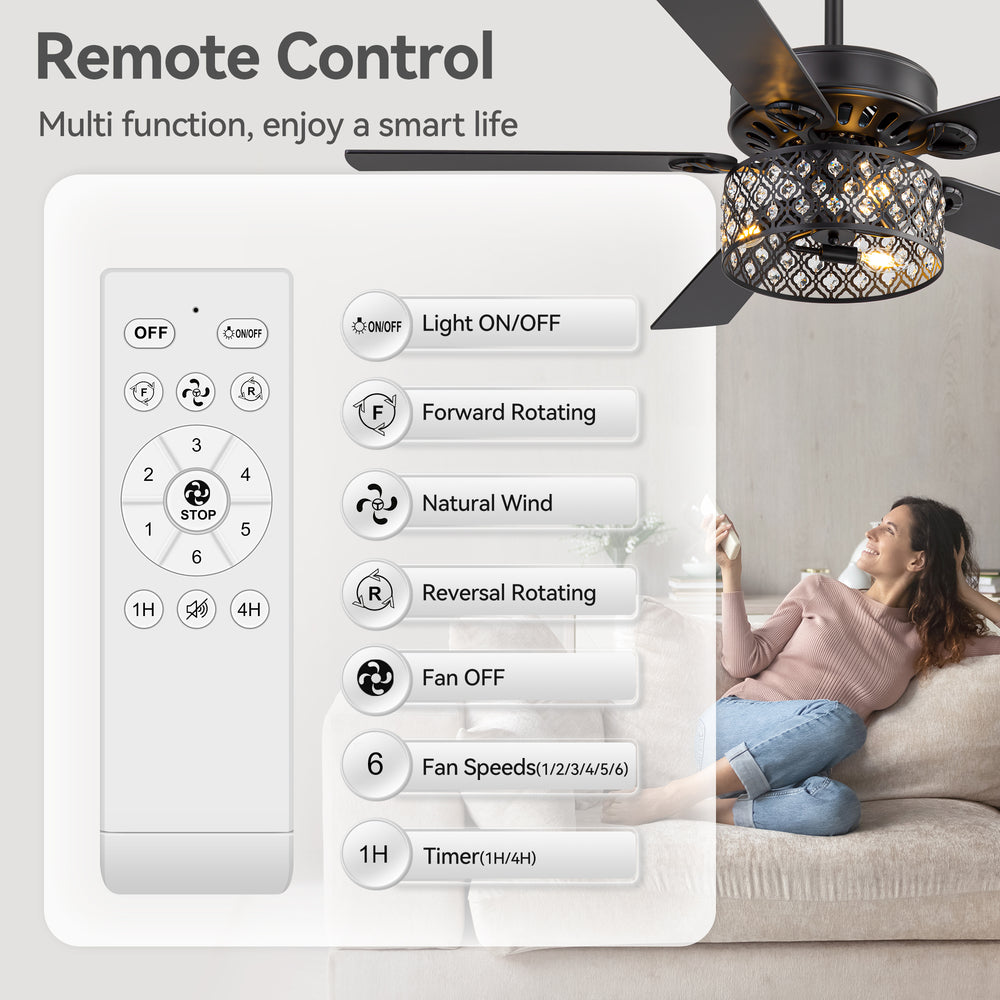 52-Inch Crystal Cage Ceiling Fan with Light and Remote,5 Reversible Dual-Finish Blades,Crystal Drum Shade, Quiet Energy-Saving DC Motor with 6 Speeds & Reversible Airflow, Includes 5" & 10" Downrods
