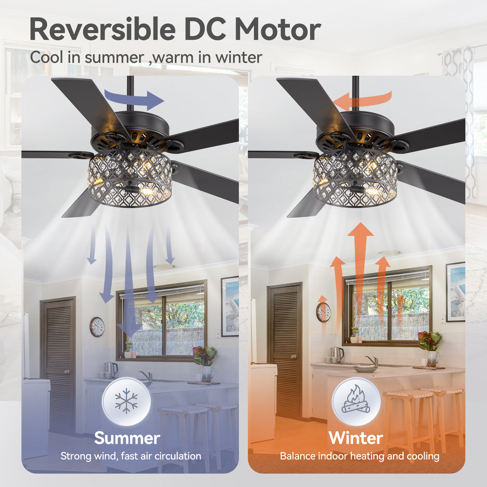 52-Inch Crystal Cage Ceiling Fan with Light and Remote,5 Reversible Dual-Finish Blades,Crystal Drum Shade, Quiet Energy-Saving DC Motor with 6 Speeds & Reversible Airflow, Includes 5" & 10" Downrods