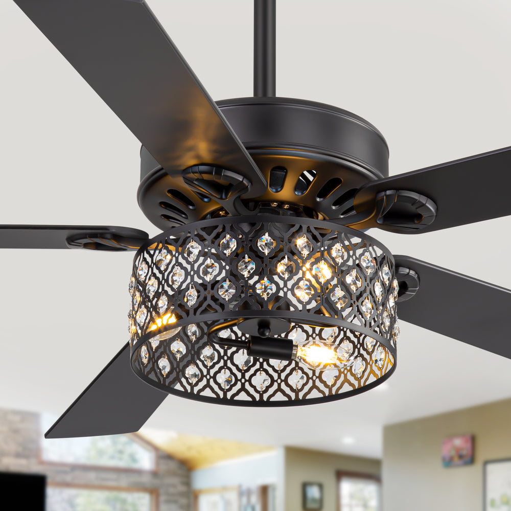 52-Inch Crystal Cage Ceiling Fan with Light and Remote,5 Reversible Dual-Finish Blades,Crystal Drum Shade, Quiet Energy-Saving DC Motor with 6 Speeds & Reversible Airflow, Includes 5" & 10" Downrods