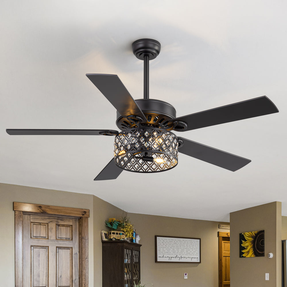 52-Inch Crystal Cage Ceiling Fan with Light and Remote,5 Reversible Dual-Finish Blades,Crystal Drum Shade, Quiet Energy-Saving DC Motor with 6 Speeds & Reversible Airflow, Includes 5" & 10" Downrods