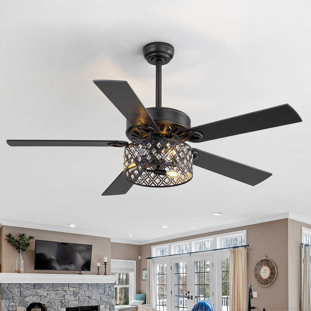 52-Inch Crystal Cage Ceiling Fan with Light and Remote,5 Reversible Dual-Finish Blades,Crystal Drum Shade, Quiet Energy-Saving DC Motor with 6 Speeds & Reversible Airflow, Includes 5" & 10" Downrods