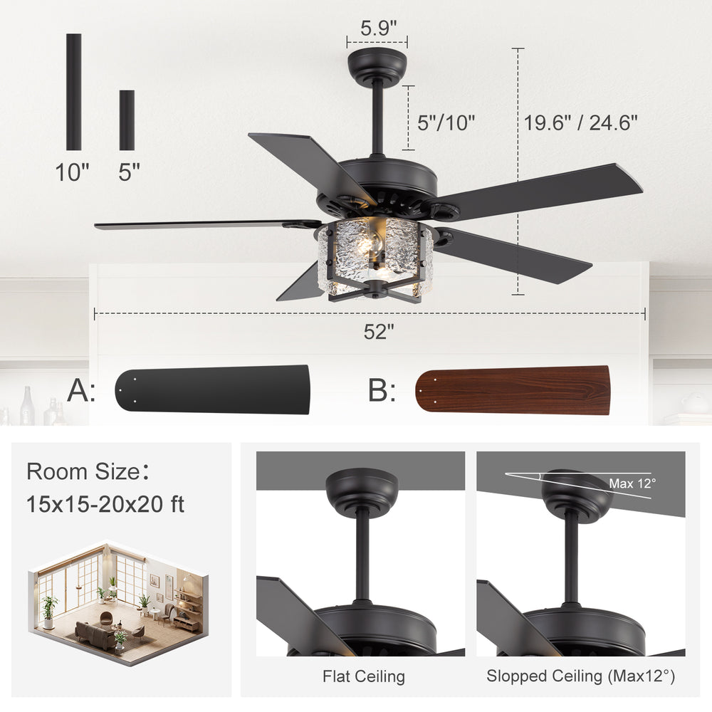 52-Inch Ceiling Fan with Light and Remote – 5 Reversible Dual-Finish Blades,Crystal-Glow Lampshade, Quiet 28W DC Motor with 6 Speeds & Reversible Airflow,  Includes 5" & 10" Downrods