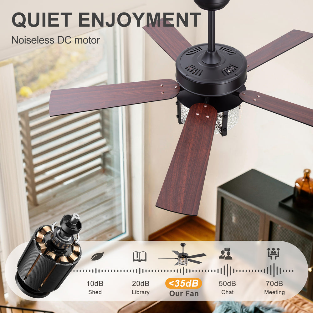 52-Inch Ceiling Fan with Light and Remote – 5 Reversible Dual-Finish Blades,Crystal-Glow Lampshade, Quiet 28W DC Motor with 6 Speeds & Reversible Airflow,  Includes 5" & 10" Downrods