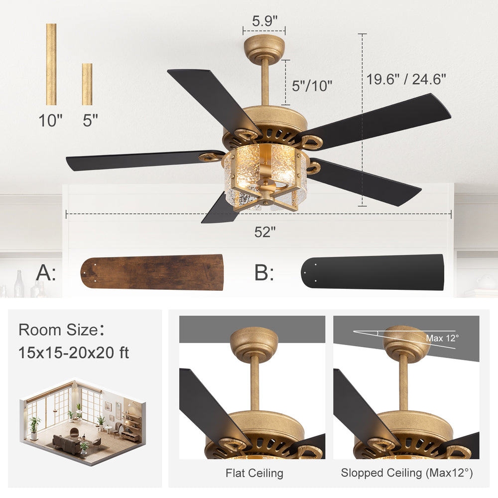 52-Inch Ceiling Fan with Light and Remote – 5 Reversible Dual-Finish Blades,Crystal-Glow Lampshade, Quiet 28W DC Motor with 6 Speeds & Reversible Airflow,  Includes 5" & 10" Downrods