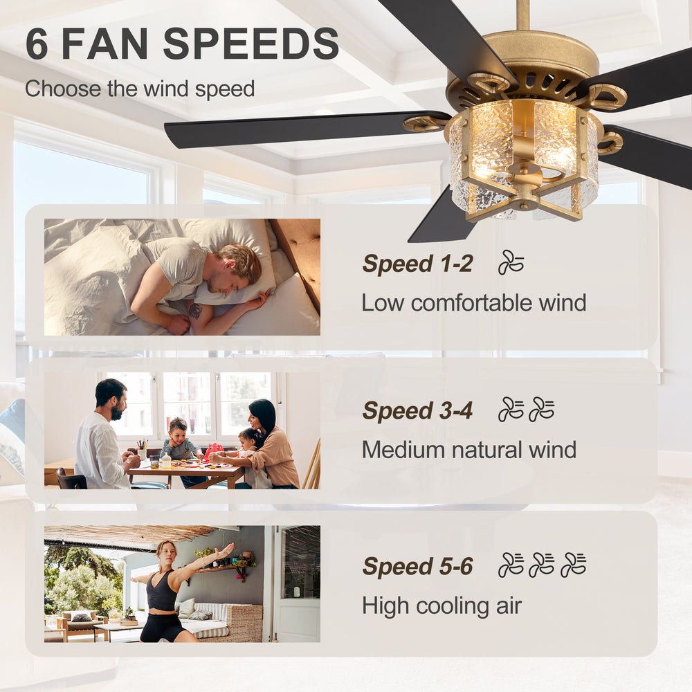 52-Inch Ceiling Fan with Light and Remote – 5 Reversible Dual-Finish Blades,Crystal-Glow Lampshade, Quiet 28W DC Motor with 6 Speeds & Reversible Airflow,  Includes 5" & 10" Downrods