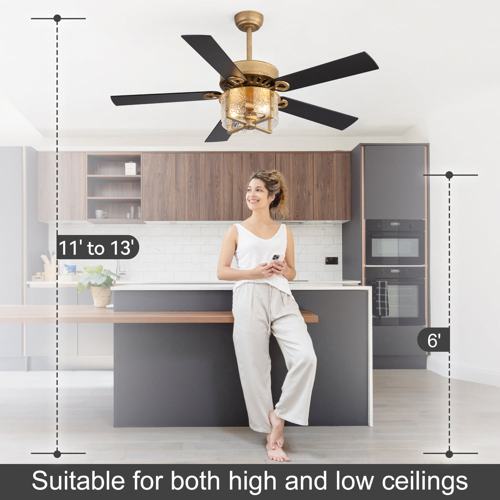 52-Inch Ceiling Fan with Light and Remote – 5 Reversible Dual-Finish Blades,Crystal-Glow Lampshade, Quiet 28W DC Motor with 6 Speeds & Reversible Airflow,  Includes 5" & 10" Downrods