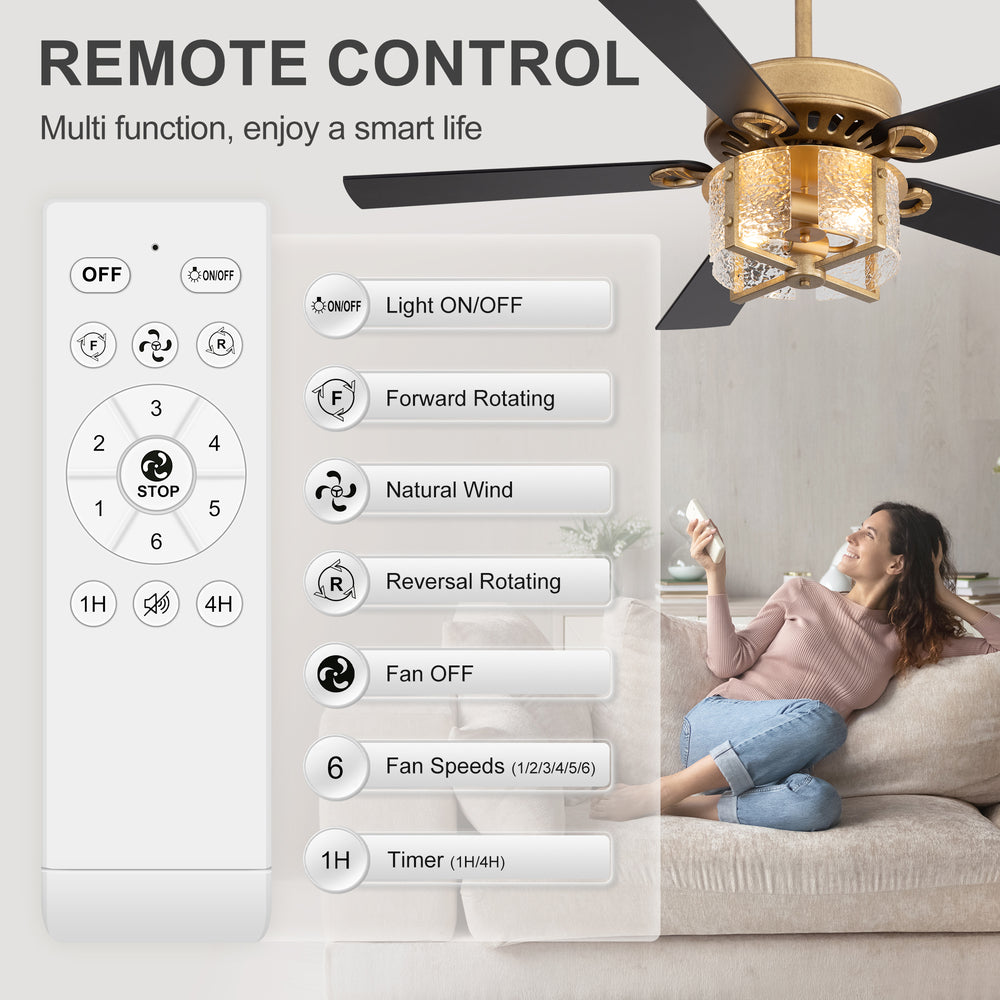 52-Inch Ceiling Fan with Light and Remote – 5 Reversible Dual-Finish Blades,Crystal-Glow Lampshade, Quiet 28W DC Motor with 6 Speeds & Reversible Airflow,  Includes 5" & 10" Downrods
