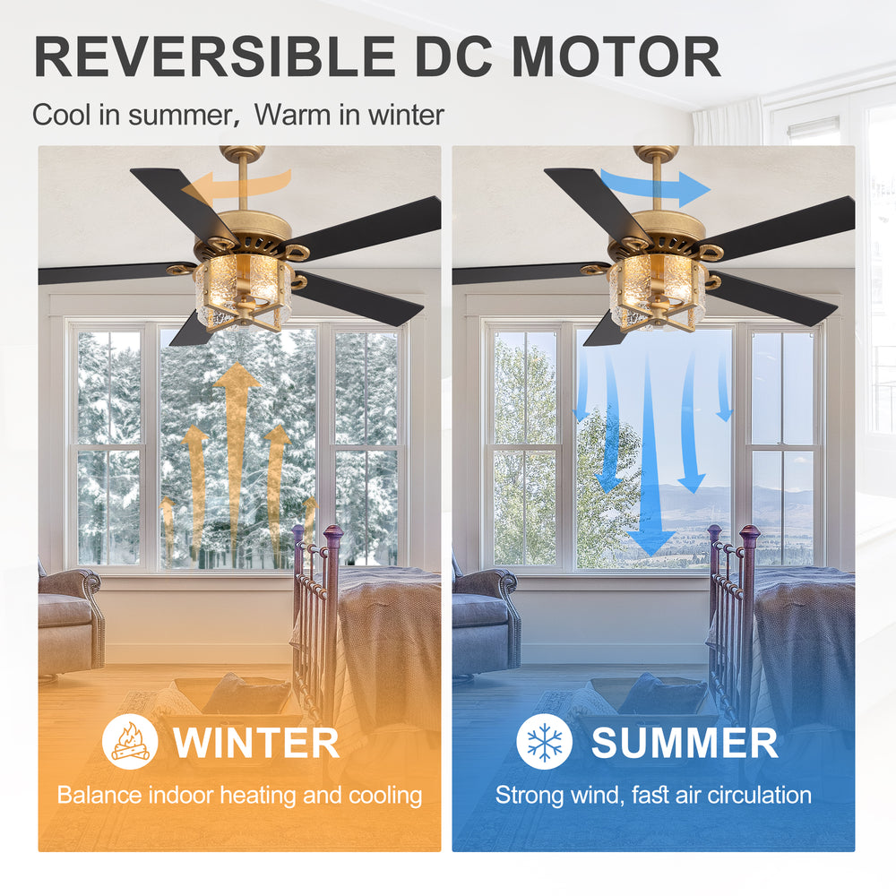 52-Inch Ceiling Fan with Light and Remote – 5 Reversible Dual-Finish Blades,Crystal-Glow Lampshade, Quiet 28W DC Motor with 6 Speeds & Reversible Airflow,  Includes 5" & 10" Downrods