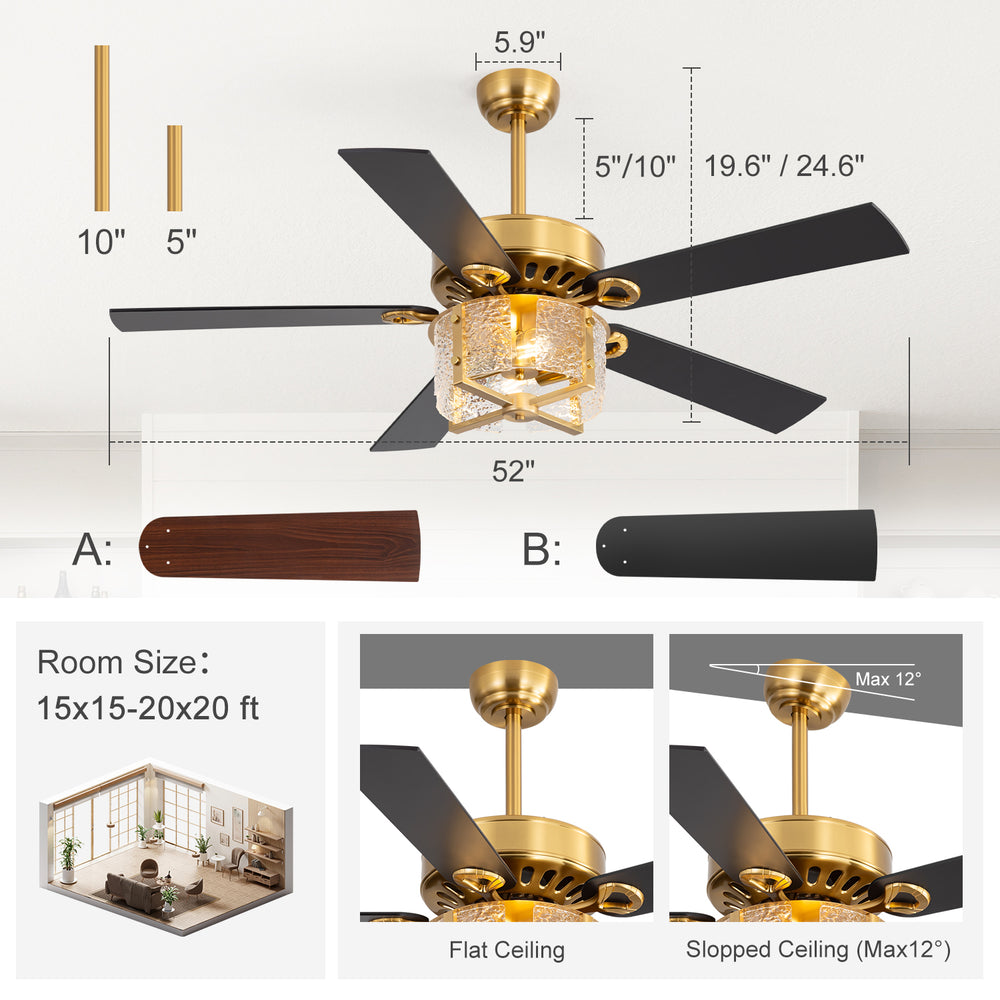 52-Inch Ceiling Fan with Light and Remote – 5 Reversible Dual-Finish Blades,Crystal-Glow Lampshade, Quiet 28W DC Motor with 6 Speeds & Reversible Airflow,  Includes 5" & 10" Downrods
