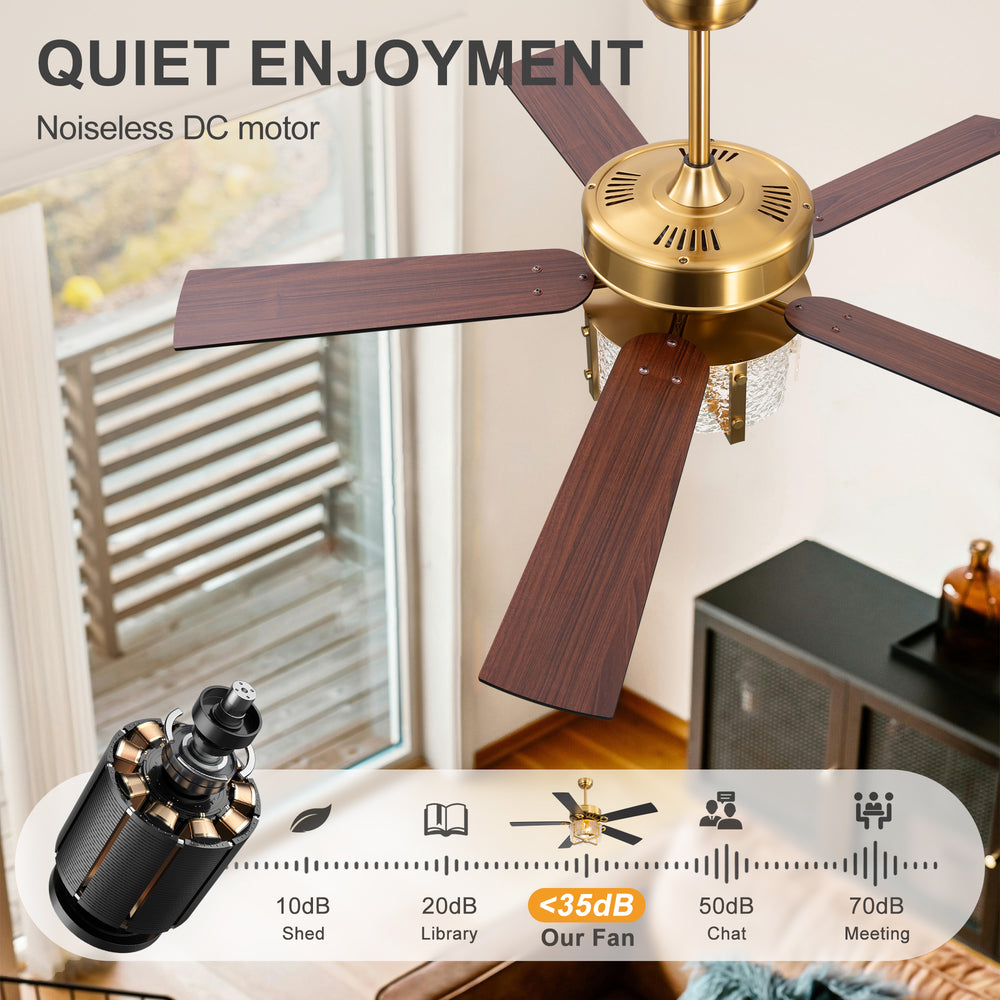52-Inch Ceiling Fan with Light and Remote – 5 Reversible Dual-Finish Blades,Crystal-Glow Lampshade, Quiet 28W DC Motor with 6 Speeds & Reversible Airflow,  Includes 5" & 10" Downrods