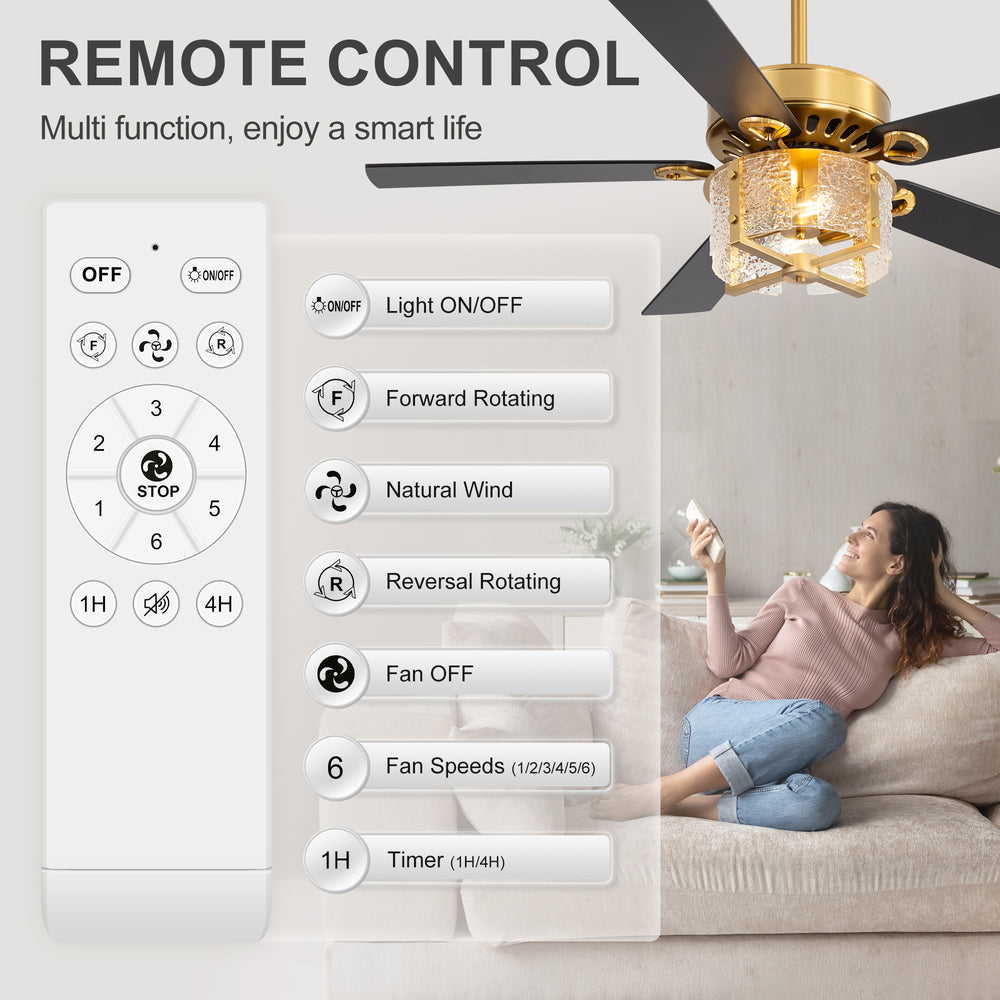 52-Inch Ceiling Fan with Light and Remote – 5 Reversible Dual-Finish Blades,Crystal-Glow Lampshade, Quiet 28W DC Motor with 6 Speeds & Reversible Airflow,  Includes 5" & 10" Downrods