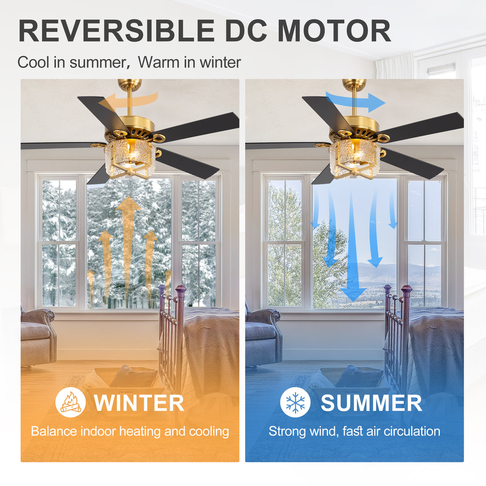 52-Inch Ceiling Fan with Light and Remote – 5 Reversible Dual-Finish Blades,Crystal-Glow Lampshade, Quiet 28W DC Motor with 6 Speeds & Reversible Airflow,  Includes 5" & 10" Downrods