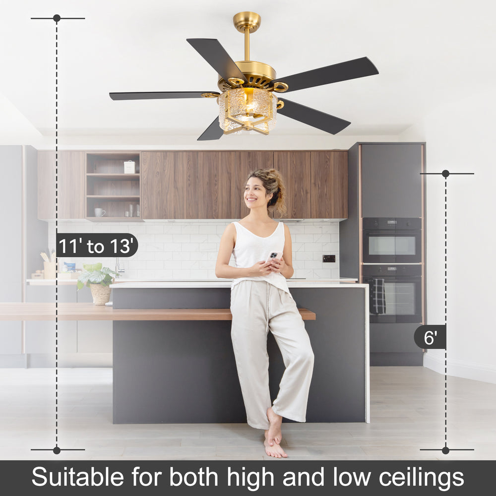 52-Inch Ceiling Fan with Light and Remote – 5 Reversible Dual-Finish Blades,Crystal-Glow Lampshade, Quiet 28W DC Motor with 6 Speeds & Reversible Airflow,  Includes 5" & 10" Downrods