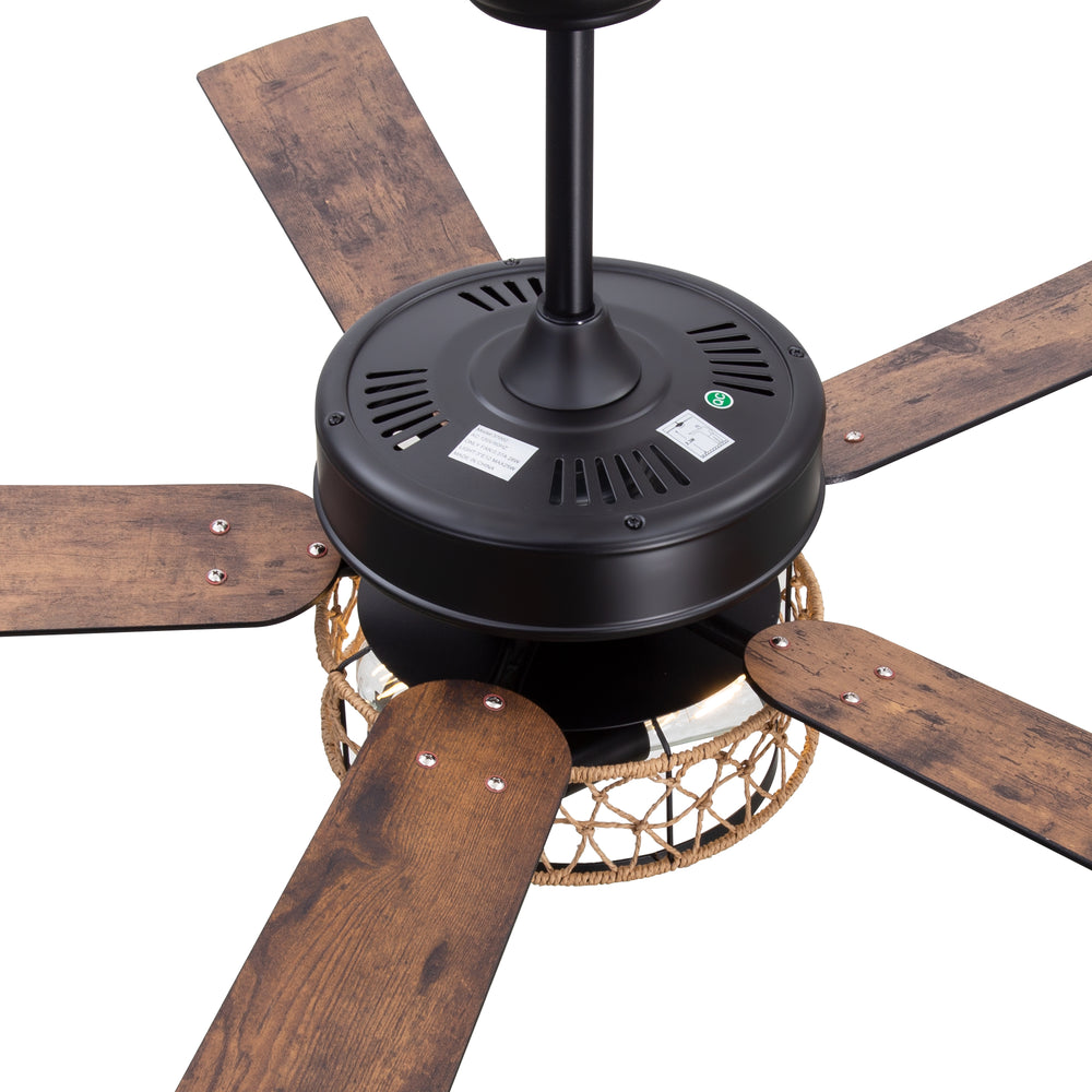 52" Rope Cage Ceiling Fan with Light, Matte Black Finish, Handwoven Rope-Accented Iron Shade, 5 Reversible  Blades, Dual E26 Bulb Base (Bulbs Not Included), Quiet DC Motor, 6 Speeds with Timer, Remote, 5" and 10" Downrods Included, Forward/Reverse Airflow