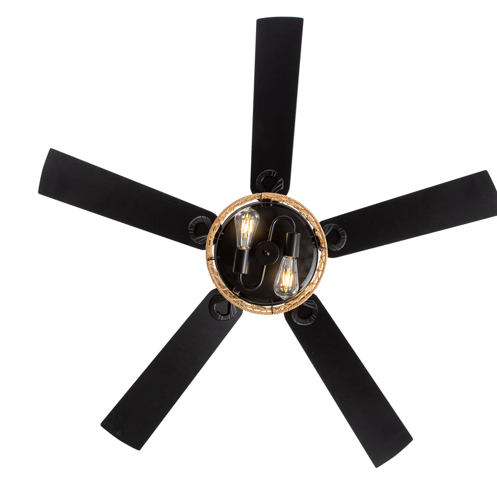 52" Rope Cage Ceiling Fan with Light, Matte Black Finish, Handwoven Rope-Accented Iron Shade, 5 Reversible  Blades, Dual E26 Bulb Base (Bulbs Not Included), Quiet DC Motor, 6 Speeds with Timer, Remote, 5" and 10" Downrods Included, Forward/Reverse Airflow