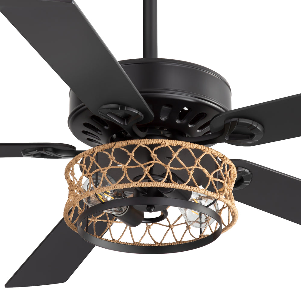 52" Rope Cage Ceiling Fan with Light, Matte Black Finish, Handwoven Rope-Accented Iron Shade, 5 Reversible  Blades, Dual E26 Bulb Base (Bulbs Not Included), Quiet DC Motor, 6 Speeds with Timer, Remote, 5" and 10" Downrods Included, Forward/Reverse Airflow