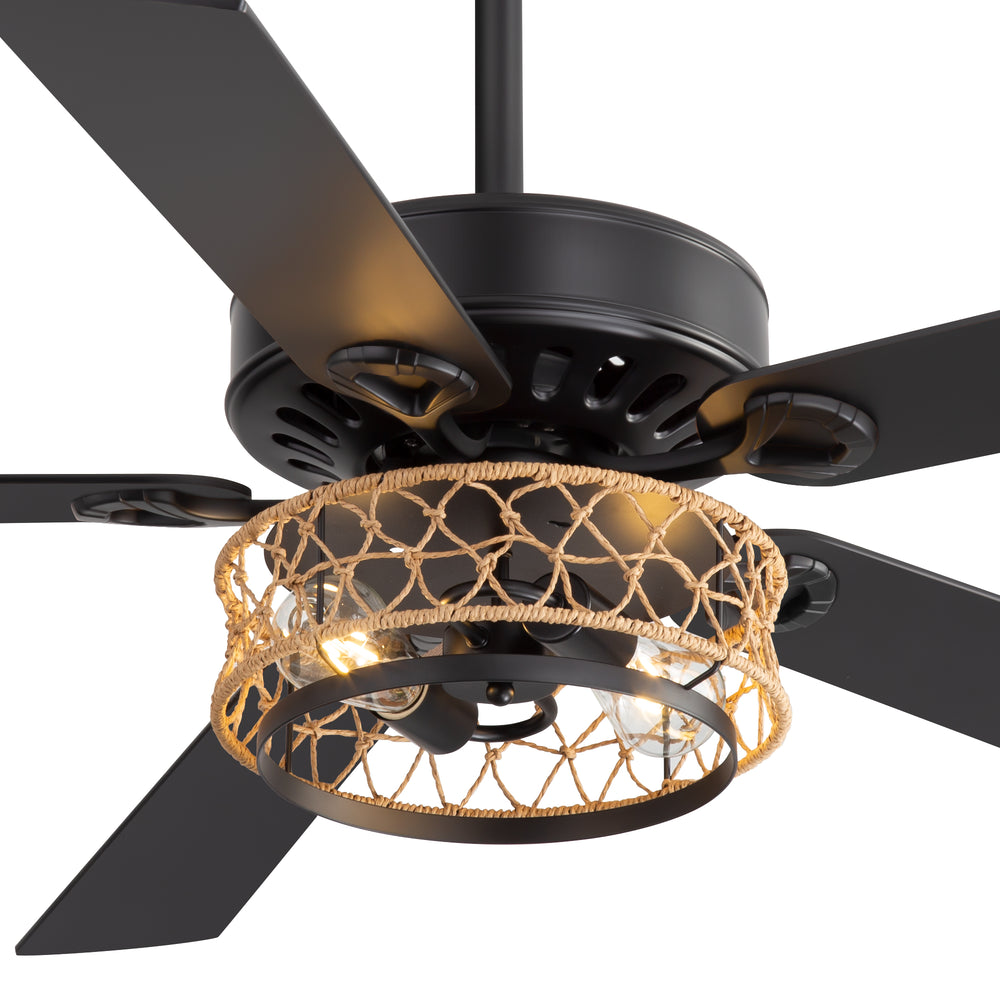 52" Rope Cage Ceiling Fan with Light, Matte Black Finish, Handwoven Rope-Accented Iron Shade, 5 Reversible  Blades, Dual E26 Bulb Base (Bulbs Not Included), Quiet DC Motor, 6 Speeds with Timer, Remote, 5" and 10" Downrods Included, Forward/Reverse Airflow